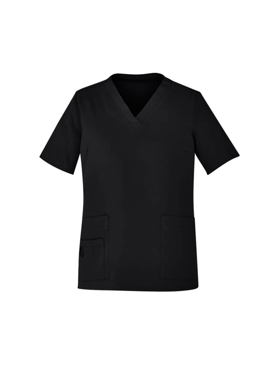 A black women's scrub top with a V-neck and short sleeves, featuring two front pockets and a logo.