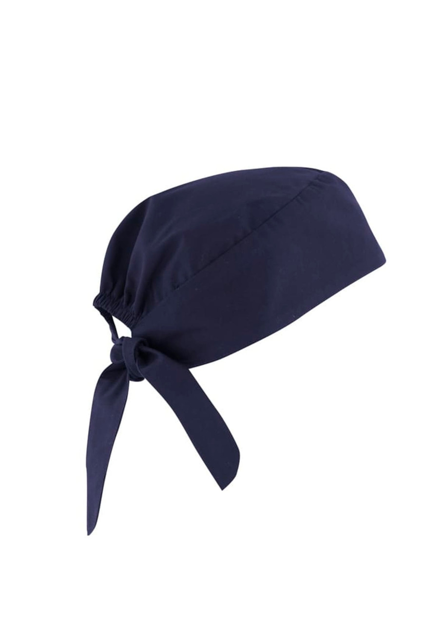 A navy unisex reversible scrub cap with a tie at the back and a logo.