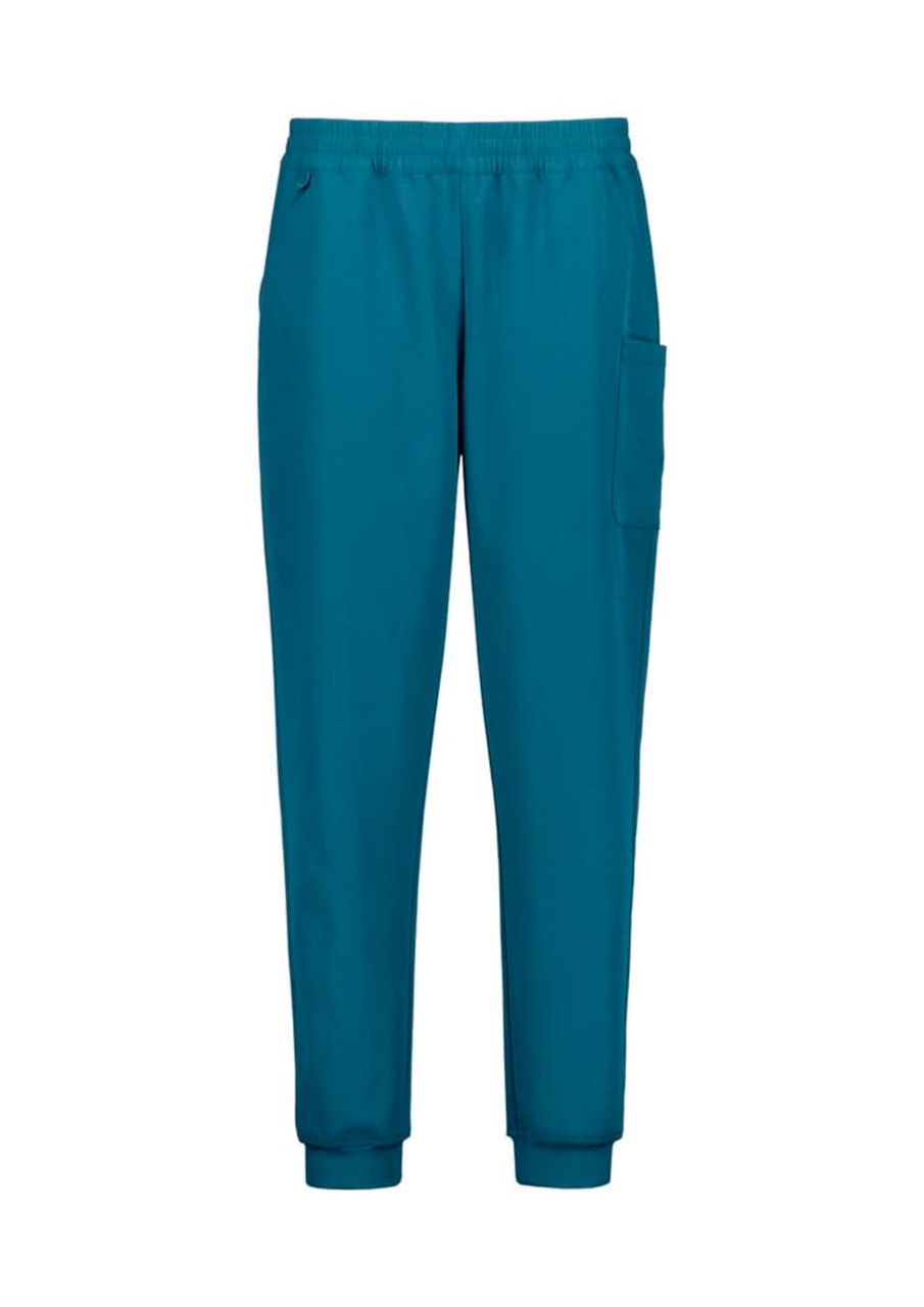 A pair of teal women's jogger scrub pants featuring an elastic waistband and side pockets.