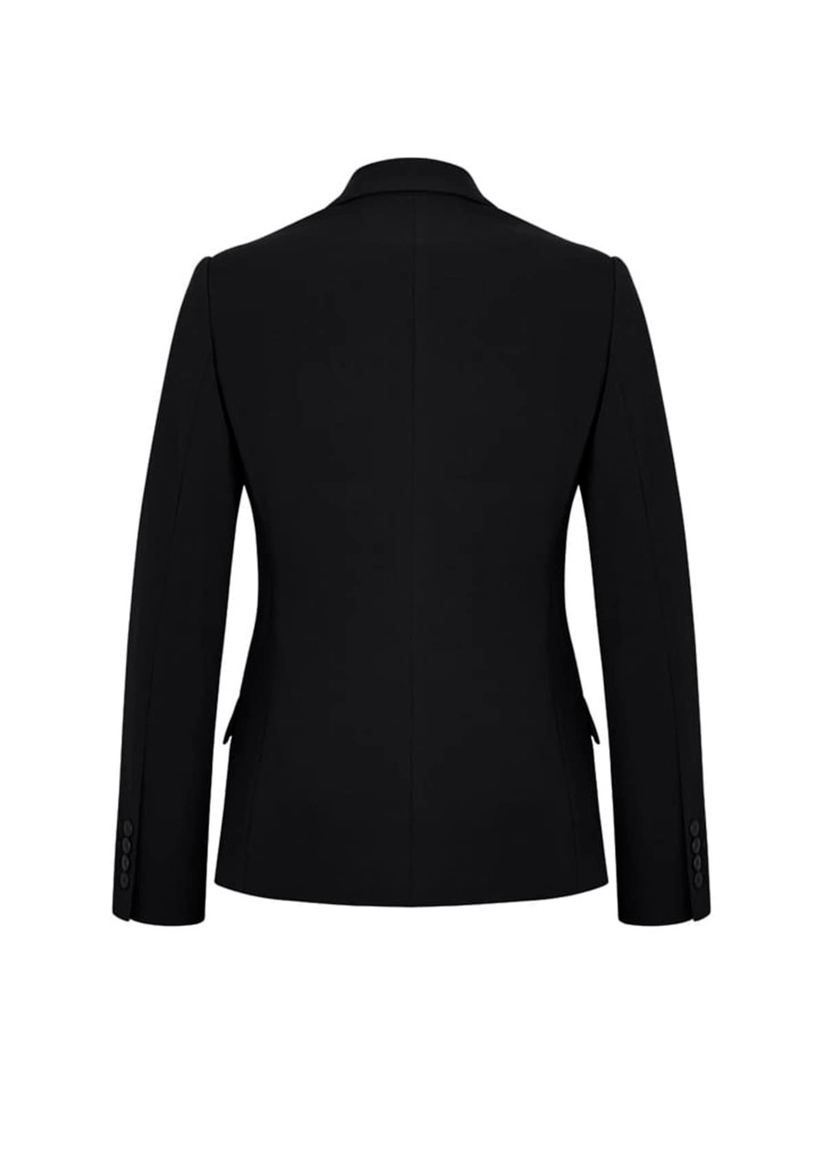 A black mid-length jacket with long sleeves and a tailored back design. It features a logo on the fabric.