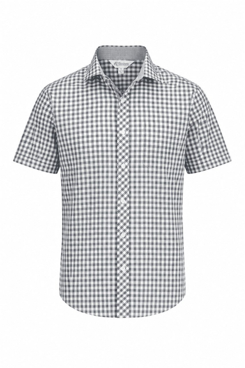 A short sleeve button-up shirt in a black and white gingham pattern with a logo on the collar.