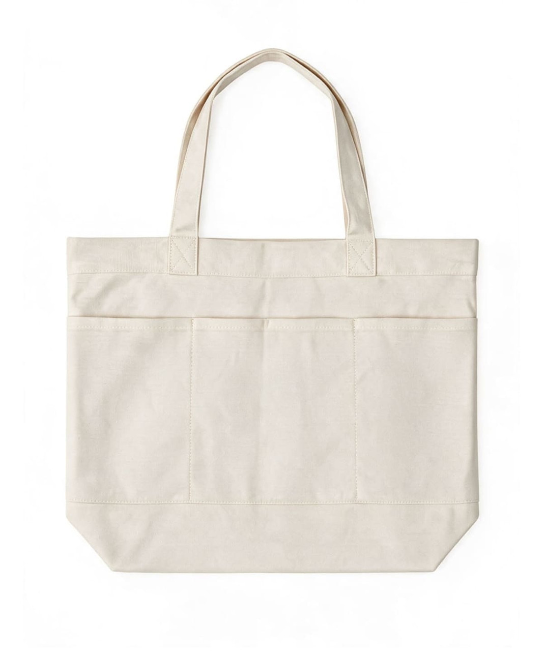 A cream-coloured tote bag featuring three external pockets and sturdy handles. The bag also includes a logo.