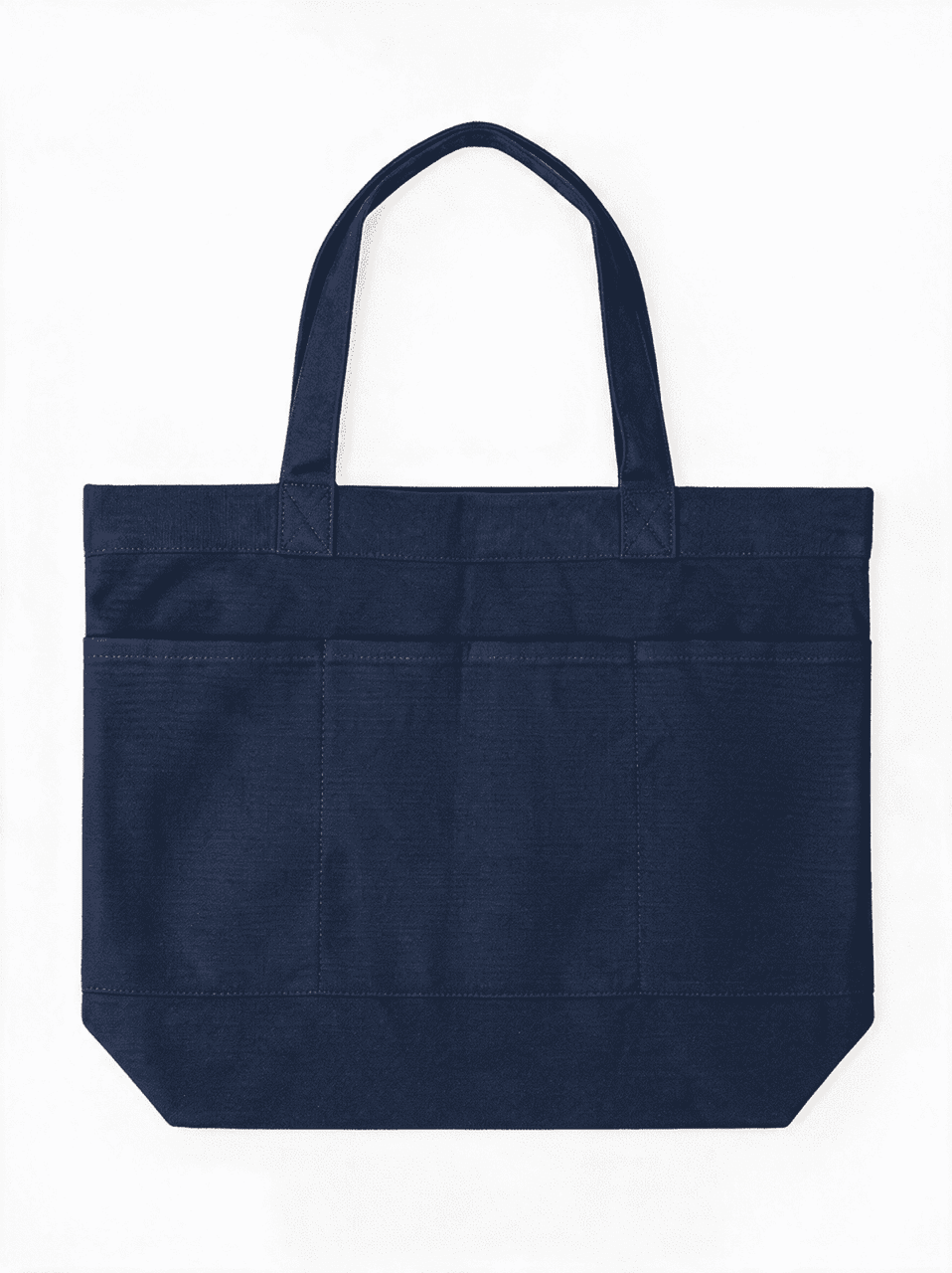 A navy tote bag featuring three pockets and sturdy handles, with a simple design and a logo.