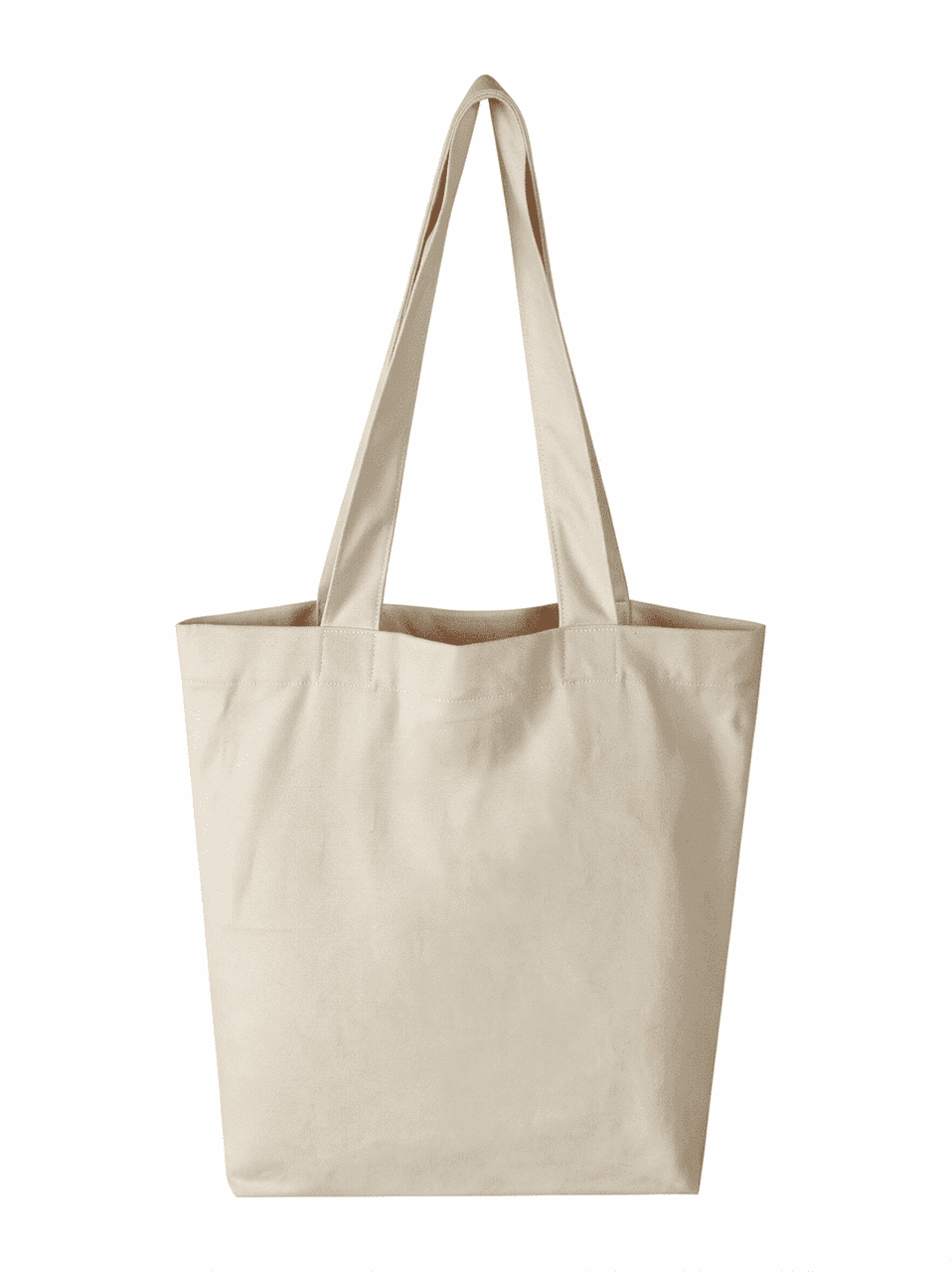 A beige tote bag with two sturdy handles and a simple design. Features a branding logo.