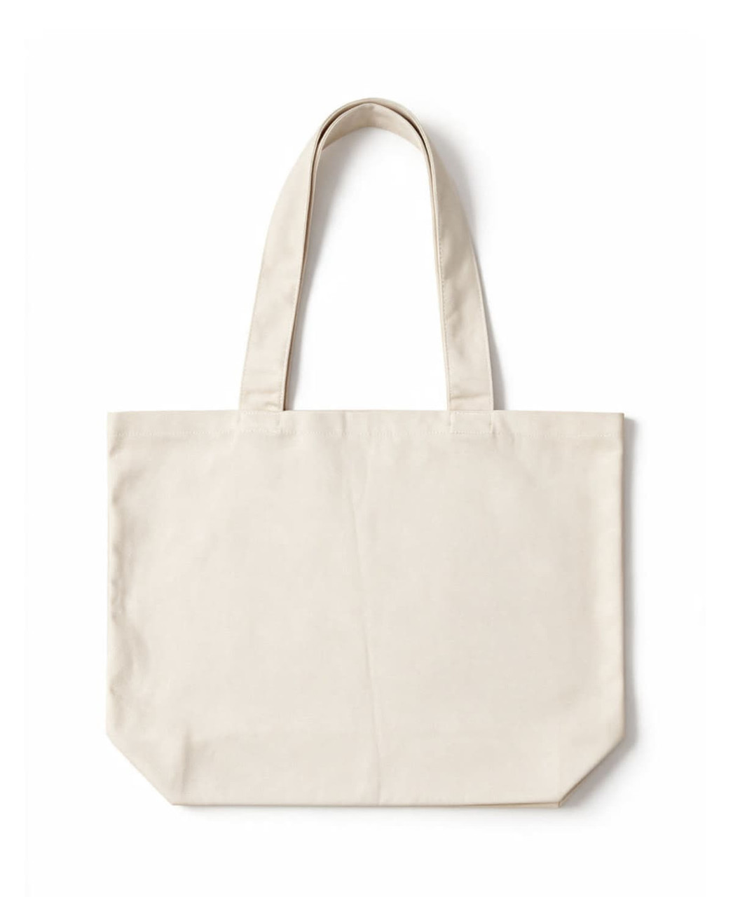 A beige tote bag with two sturdy handles and an unembellished design. It features a logo.
