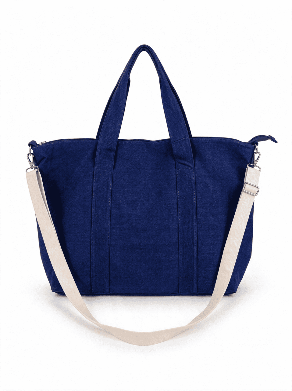 A navy duffle bag featuring dual handles and a detachable shoulder strap. It has a simple design and a logo.
