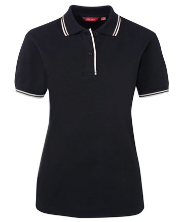 A black ladies' polo shirt with contrasting white trim on the collar and sleeves. It features a logo on the chest.