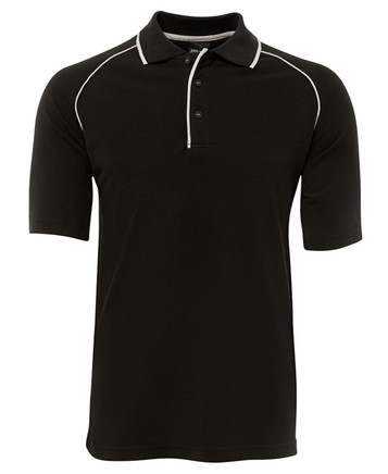 A black raglan polo shirt featuring short sleeves and a contrasting trim. It has a logo on the collar.
