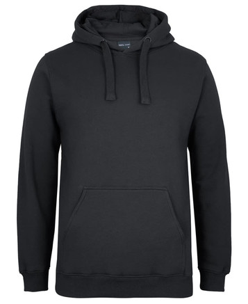 A black hoodie featuring a front pocket and drawstrings on the hood. It has a logo on the label.