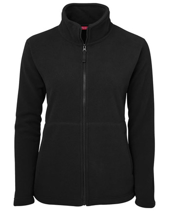 A black ladies' full zip polar fleece jacket with a high collar and zippered front pockets. Features a logo.