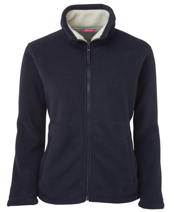 A navy fleece jacket with a full zip and a soft interior lining. Features a collar and a logo.