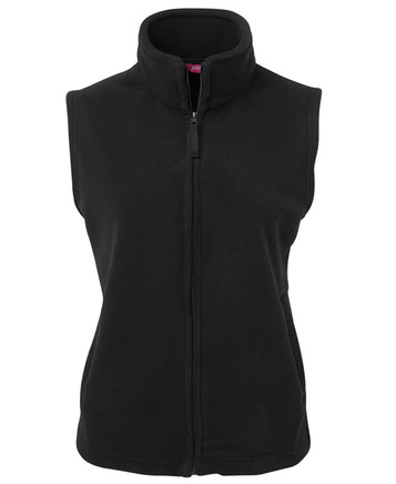 A black ladies' polar vest featuring a high collar and a front zip, with a logo present.