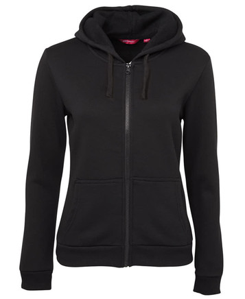 A black ladies' full zip hoodie featuring a hood and front pockets, with a logo on the garment.