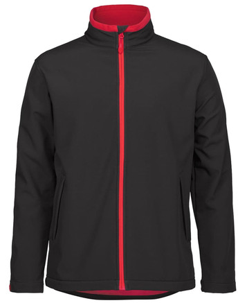 A soft shell jacket in black with a red zip and inner lining, featuring side pockets and a zip-up design.