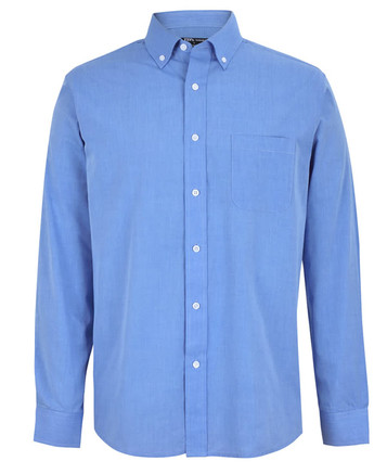 A light blue button-up shirt with long sleeves and a single chest pocket, featuring a collar and buttons.