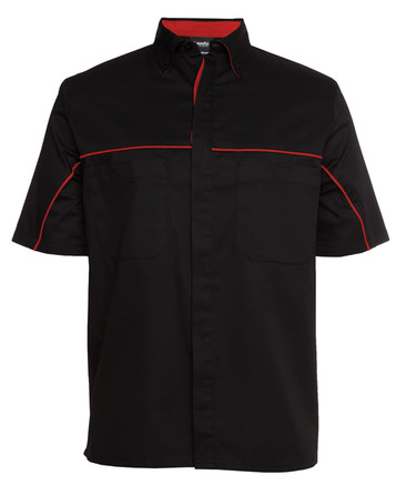 A black and charcoal button-up shirt with red piping and two front pockets, featuring a logo.