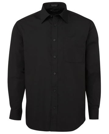 A black button-up shirt with a pocket and a collar. It features a full button placket and long sleeves.