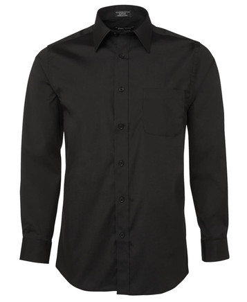 A black long-sleeve button-up shirt with a chest pocket and a logo on the collar.
