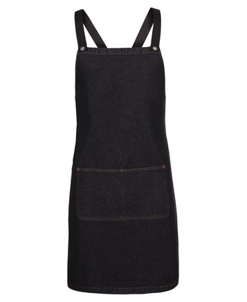A black denim cross back apron featuring a front pocket and adjustable straps. It has a simple logo detail.