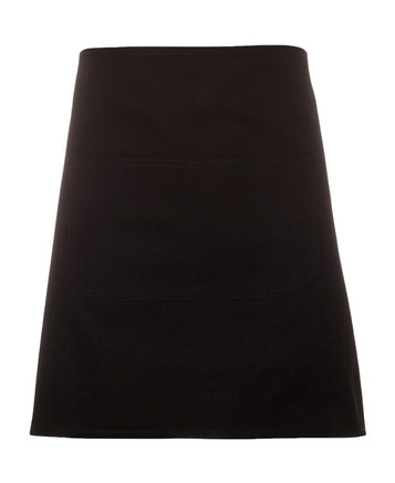 A black canvas waist apron featuring a large front pocket and a strap. Includes a logo on the design.