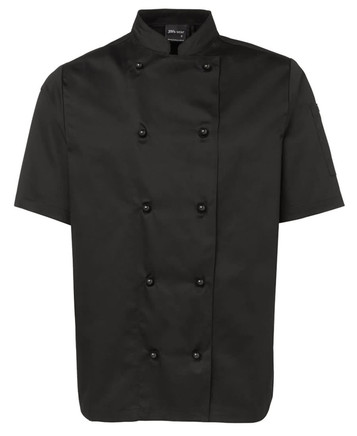 A short-sleeved black chef's jacket with a double-breasted front and a standing collar. Features a logo on the sleeve.