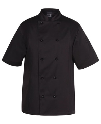 A black chef's jacket with short sleeves and a double-breasted design, featuring a logo on the arm.