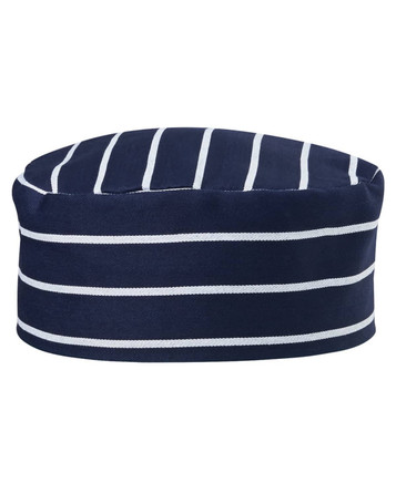 A navy and white striped chef's cap featuring a circular, flat design and a logo.