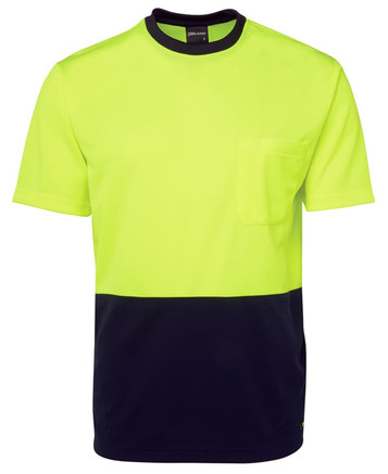 A high-visibility work t-shirt in bright yellow with a navy blue lower section and a pocket. It features a logo.
