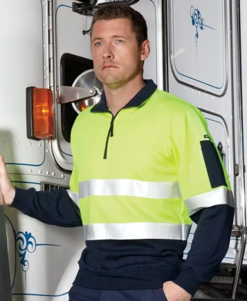 A fleecy sweat in fluorescent yellow and navy, featuring a zip neck and reflective stripes. Includes a branding logo.