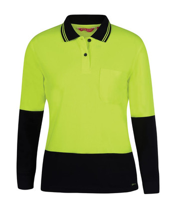A long-sleeve polo shirt in lime with navy accents, featuring a pocket and a logo.