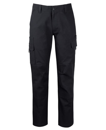 A pair of black cargo pants featuring multiple pockets and a logo.