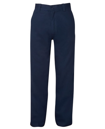 Navy blue work trousers featuring a classic design, with pockets and a branded logo. Suitable for workwear.