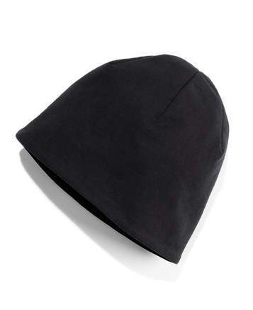 A black knitted beanie with a soft texture, featuring a logo on the side, displayed at an angle.