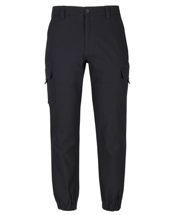 A pair of black multipocket stretch canvas joggers featuring cargo pockets and elastic cuffs.