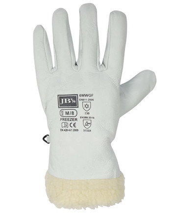 A white freezer glove with a fluffy, cream-coloured cuff and a logo.