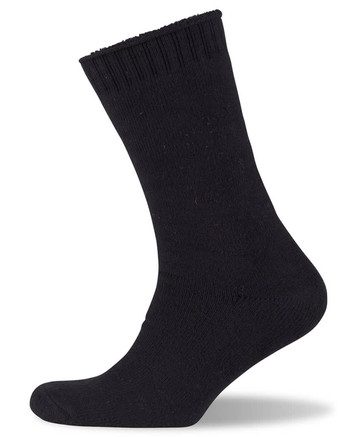 A black bamboo work sock with a ribbed cuff, featuring a logo on the side.