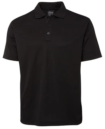 A white polo shirt with a collared neckline and short sleeves, featuring a logo on the chest.