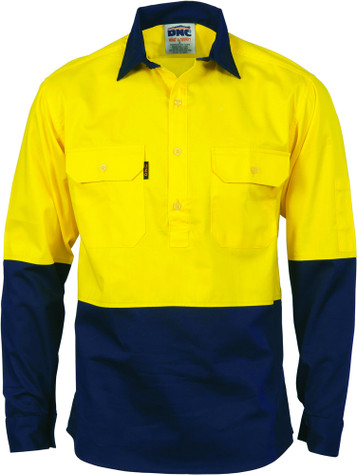 Hi Vis Two Tone Cool-Breeze Close Front Cotton Shirt - Long Sleeve
