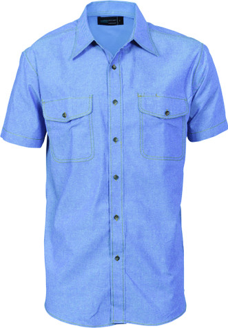 Men's Twin Flap Pocket Cotton Chambray - Short Sleeve