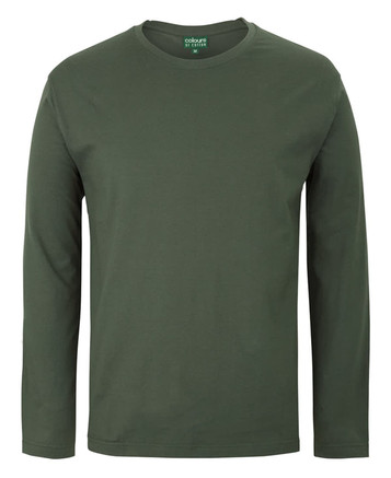 A long-sleeve T-shirt in a solid olive green colour, featuring a brand logo at the neckline.