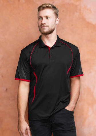 A men's short sleeve polo shirt in black with red accents and a branding logo on the chest.
