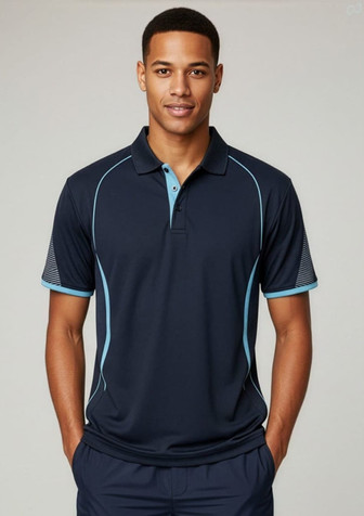 A navy short sleeve polo shirt with aqua accents and a logo, featuring mesh panels on the shoulders.