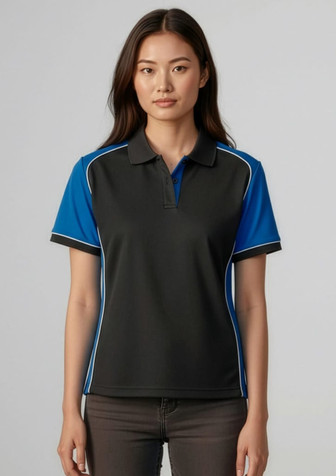 A women's polo shirt featuring short sleeves, in black with blue accents and a logo.