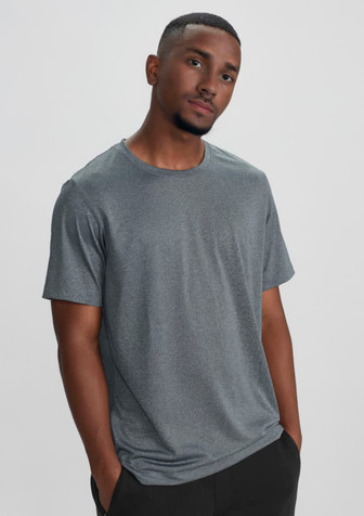 A grey short sleeve tee featuring a logo, designed for men with a relaxed fit.
