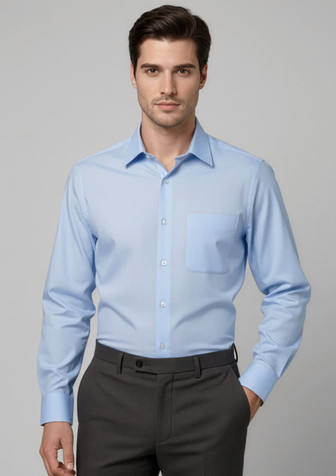 A blue long sleeve button-up shirt with a chest pocket, featuring a logo on the fabric.