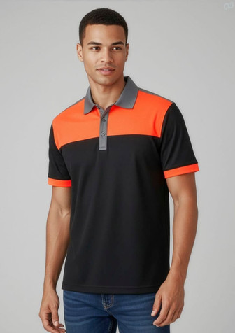 A men's short sleeve polo shirt featuring a bright orange and black design with a grey collar and branding.