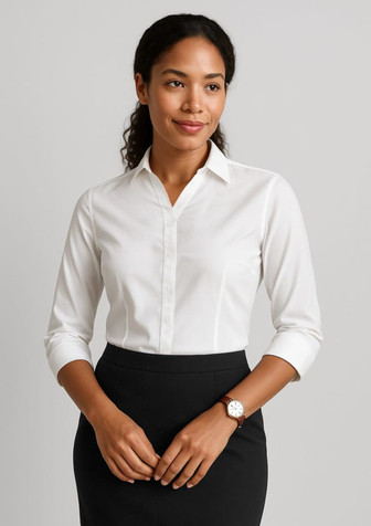 A white women's button-up shirt with 3/4 sleeves, paired with a black skirt and a watch. Features branding.