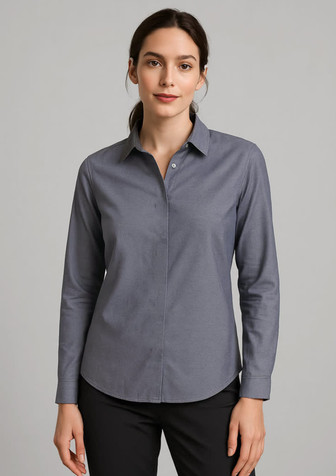 A women's long sleeve button-up shirt in a grey colour, featuring a collar and a logo.