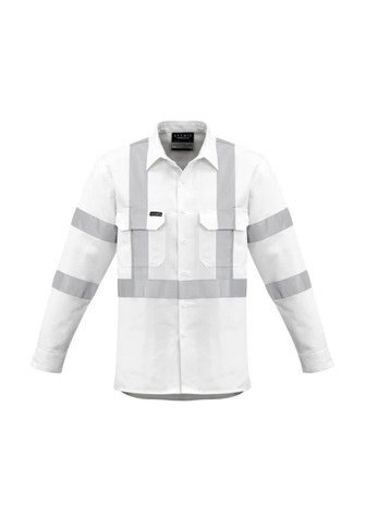 A white long sleeve work shirt with reflective strips, featuring two front pockets and a logo on the chest.