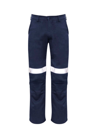 Navy work pants featuring reflective tape detail, designed in a traditional style with a logo present.